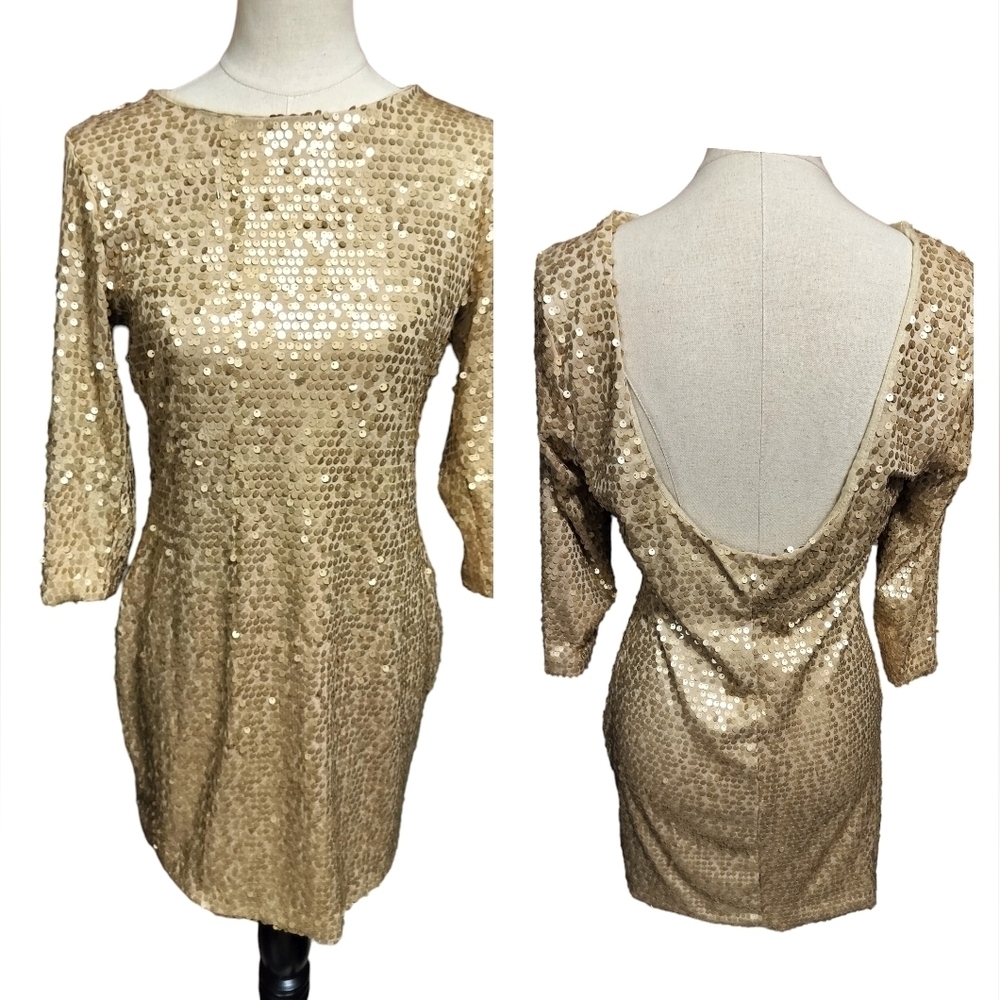 2062) Frederick's of Hollywood Matte Gold Sequin Plunge Back  Dress Size XL